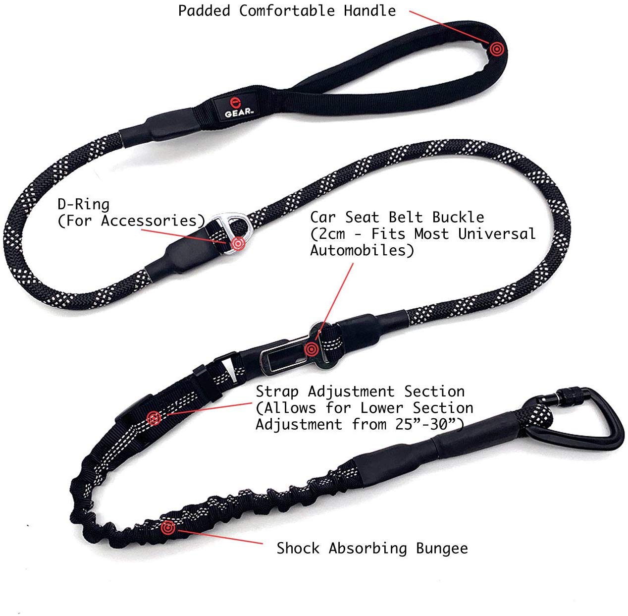 Enthusiast Gear Climbing Rope Dog Seat Belt Leash with Locking Carabiner for Large and Medium Breeds