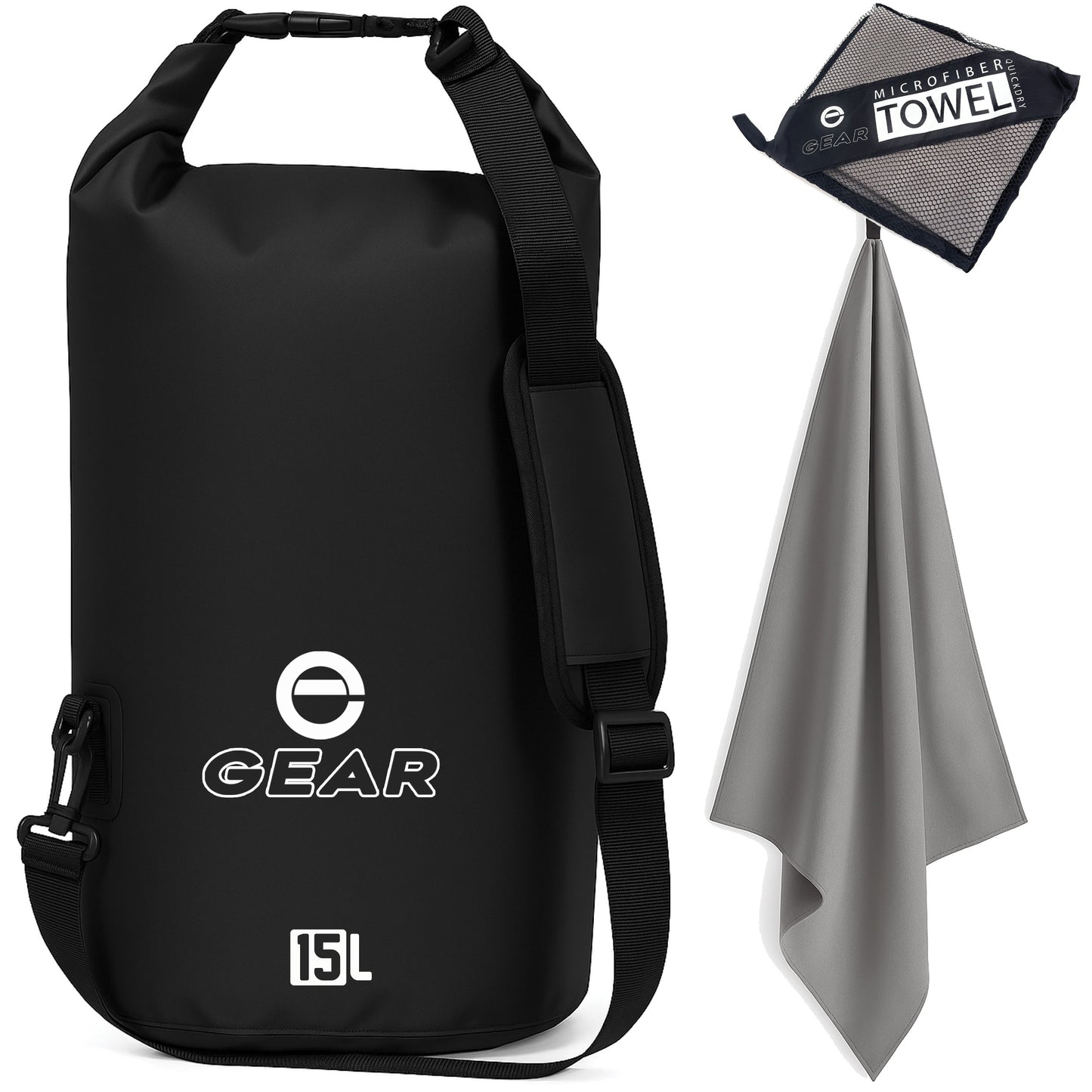 Enthusiast Gear Waterproof Dry Bag 15L with Free Quick Dry Microfiber Towel – Floating Roll Top Dry Sack for Kayaking, Boating, Camping & Beach Adventures