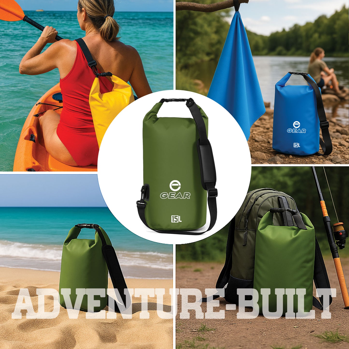 Enthusiast Gear Waterproof Dry Bag 15L with Free Quick Dry Microfiber Towel – Floating Roll Top Dry Sack for Kayaking, Boating, Camping & Beach Adventures